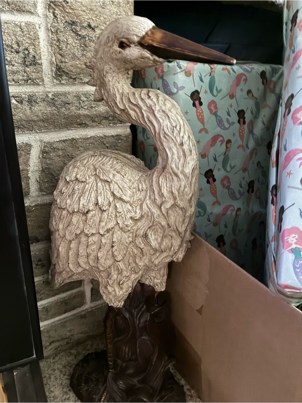 Textured Coastal Heron Statue in Weathered White and Brown